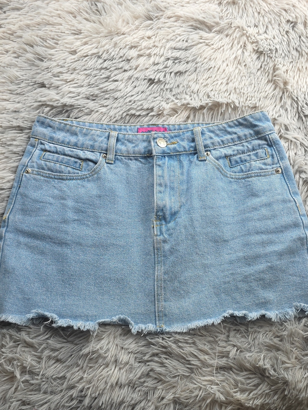 Edikted Light Blue Denim Mini Skirt with Frayed Hem